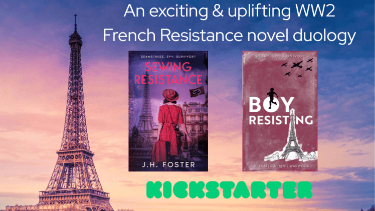 Image of two books, Sewing Resistance and Boy resisting, against a backdrop of the Eiffel Tower
